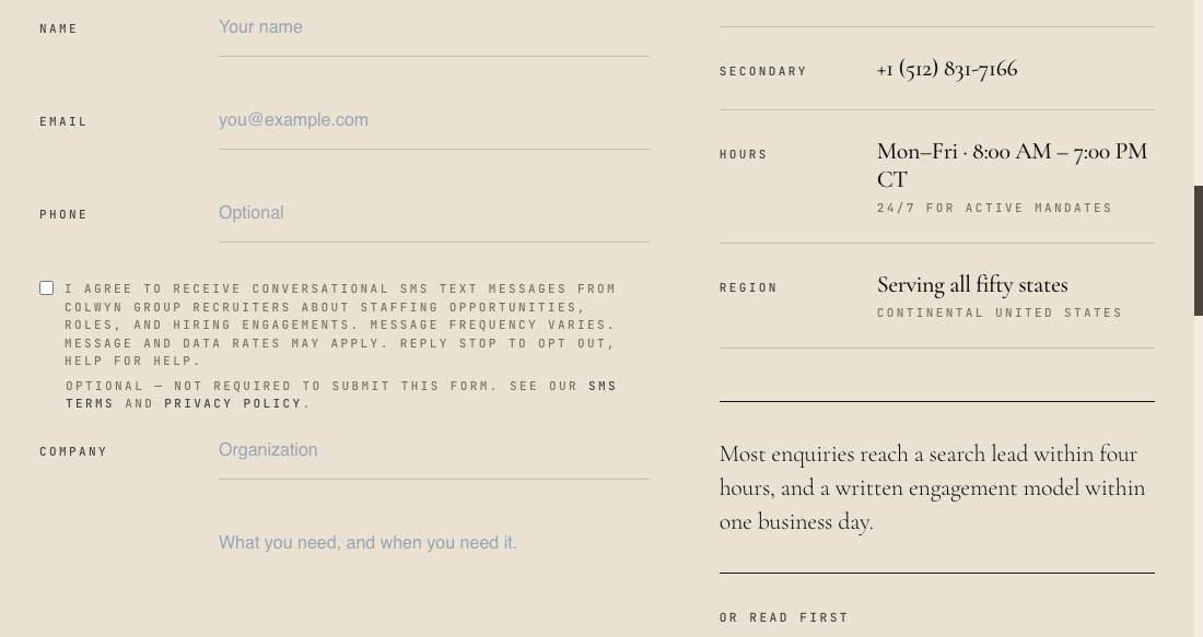 Screenshot of the contact form phone field with the SMS consent checkbox and its full disclosure label